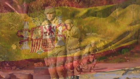 Animation-Der-Flagge-Spaniens-über-Kaukasischen-Männlichen-Soldaten,-Die-Mit-Waffen-Laufen