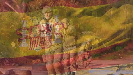 animation of flag of spain over caucasian male soldiers running with guns