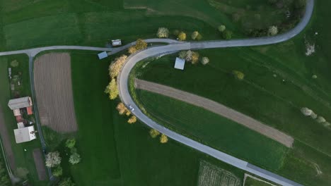 vista aérea del avión no tripulado: primavera temprana y un coche solitario sube por una sinuosa carretera en la ladera de la colina mientras el sol se pone, proyectando un caloroso resplandor en la exuberante hierba verde