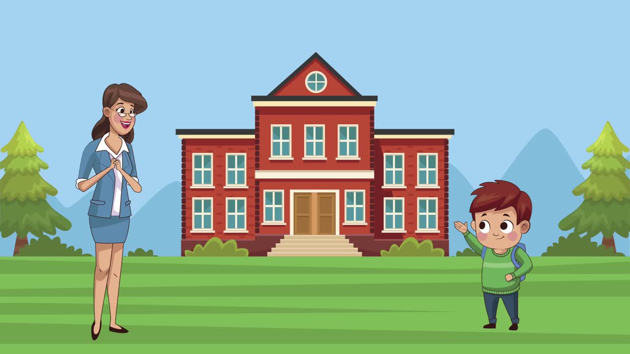 학교에서 학교 소년과 함께 귀여운 여성 교사