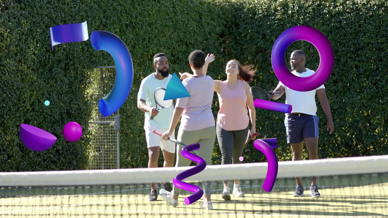 Four players meeting net woman initiating racket tapping, celebrating win, AR shapes obscuring view