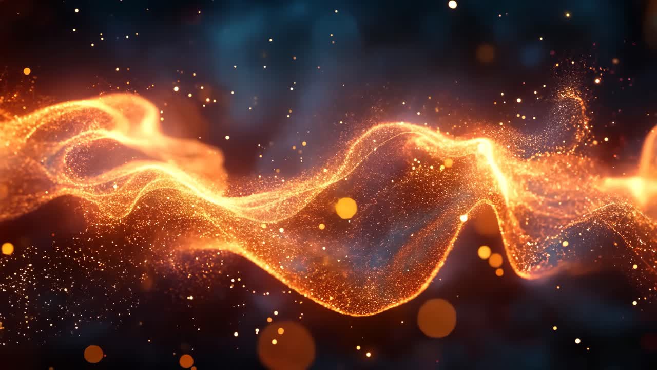 A long, curving orange flame with a blue background. The flame is surrounded by a lot of sparkles, giving the impression of a fiery explosion