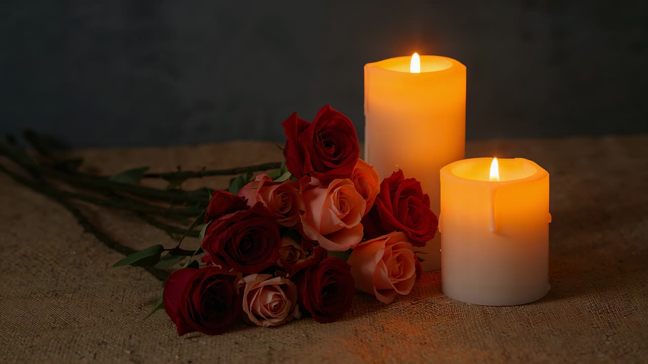 Flickering lit white pillar candles casting warm light on beige fabric surface, illuminating roses