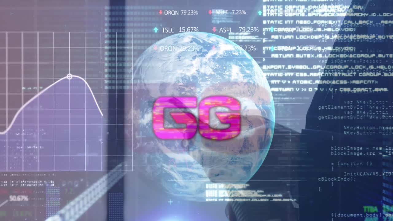 animación de procesamiento de texto y datos de 6g sobre empresario caucásico usando teléfono inteligente en la oficina