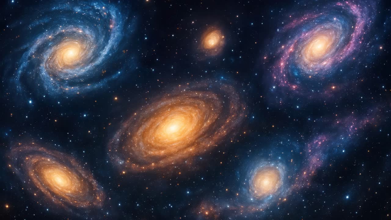 Eine faszinierende Top-Down-Videoansicht von wirbelnden Galaxien im tiefen Weltraum, die lebendige Farben zeigt