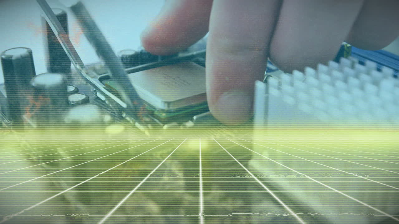 Placing computer chip over digital grid, representing technology integration concept