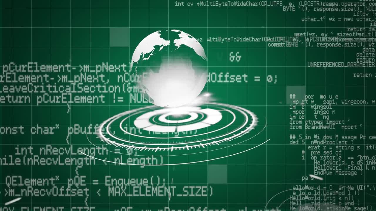 회전하는  ⁇ 색 지구와 녹색 배경에 움직이는 데이터