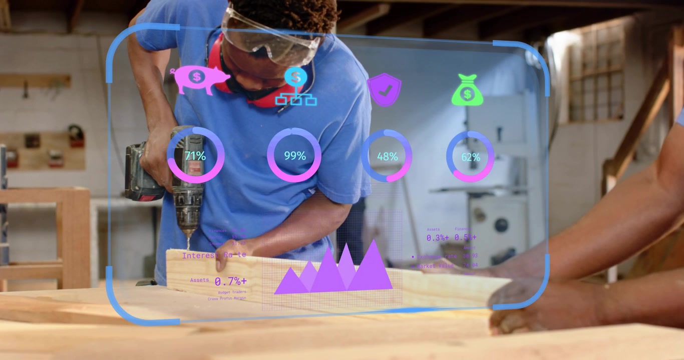 Carpentry worker pressing drill switch and drilling plank while AR charts showing safety budget