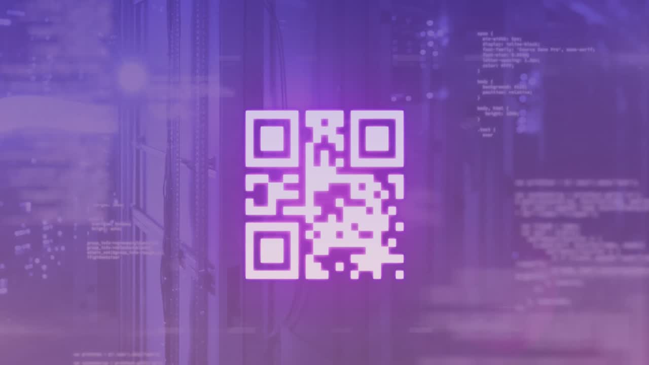 Animation of qr code and programming language over server room in background