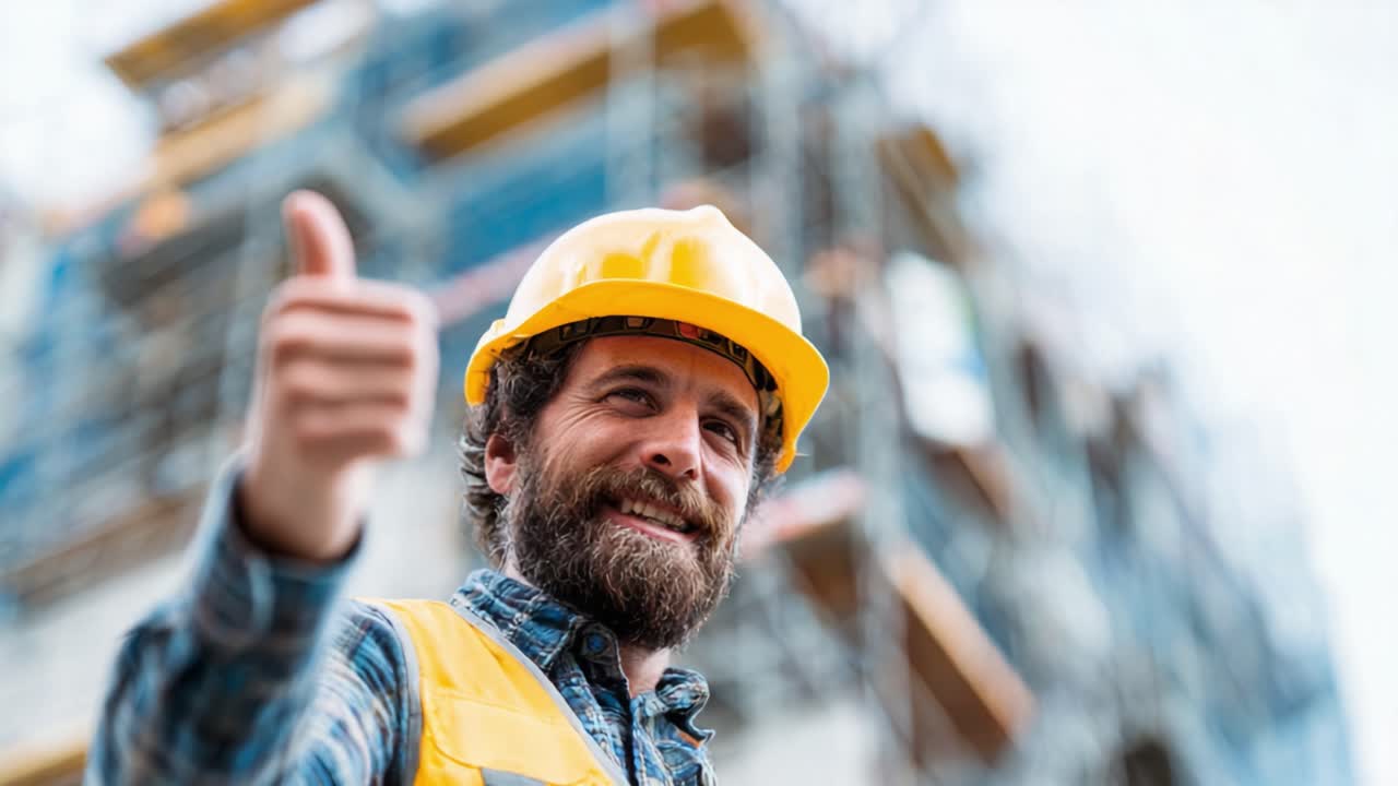 A Construction Worker Expressing Optimism and Satisfaction with a Thumbs Up Gesture, Set Against a Background of a Modern Building Project Under Construction