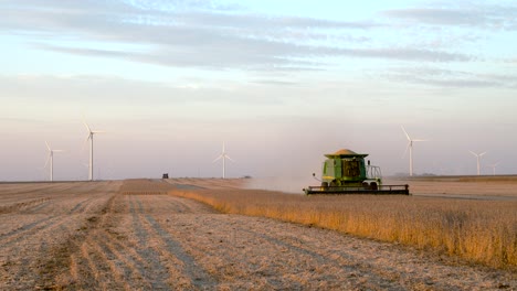 combine harvesting soybeans in the fall evening sky