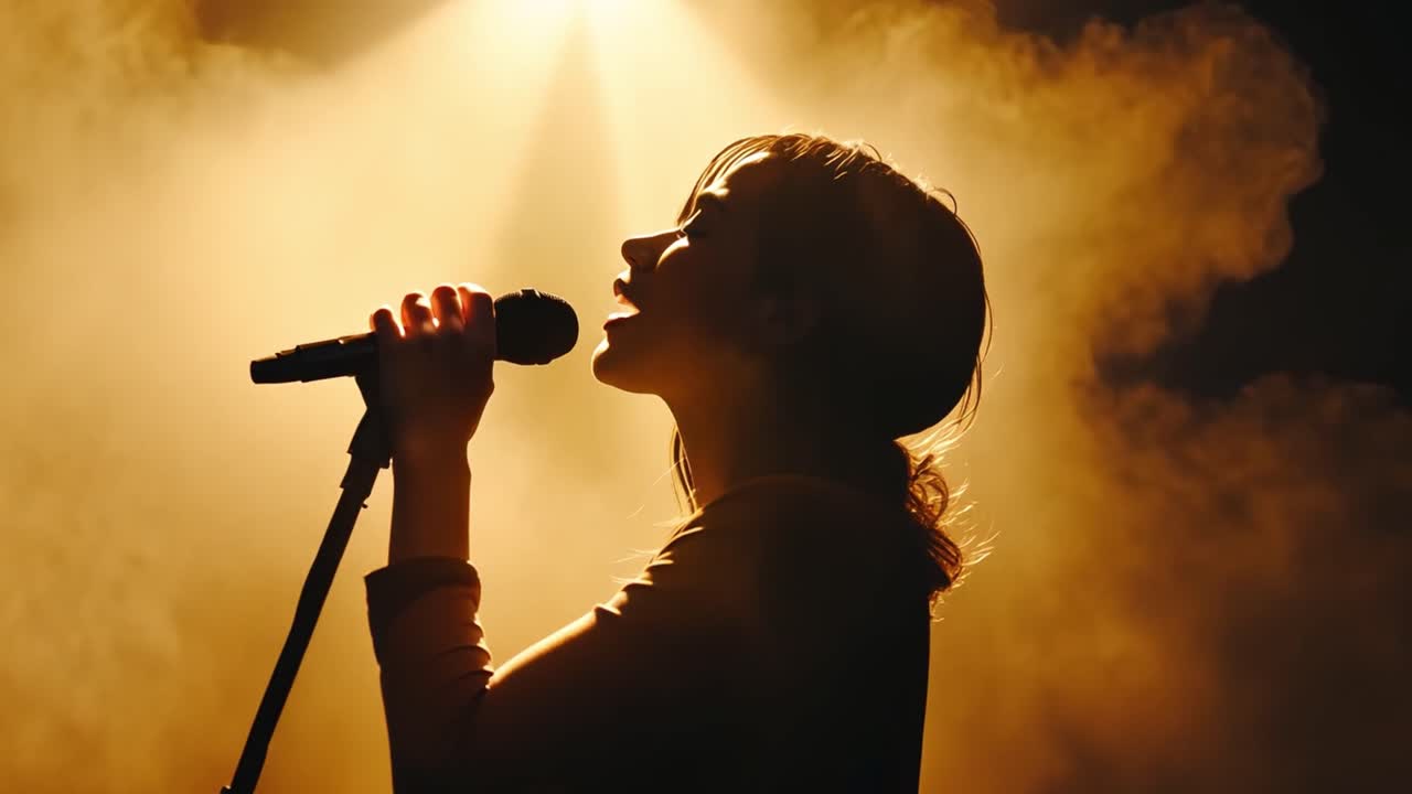Silhouette of a singer performing on stage with a microphone