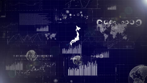 Unternehmenshintergrund-Des-Landes-Japan-Mit-Abstrakten-Elementen-Von-Datenanalysediagrammen.-Ich-Zeige-Ein-Technologisches-Video-Zur-Datenanalyse-Mit-Globus,-Wachstum,-Grafiken-Und-Statistischen-Daten-Des-Landes-Japan.