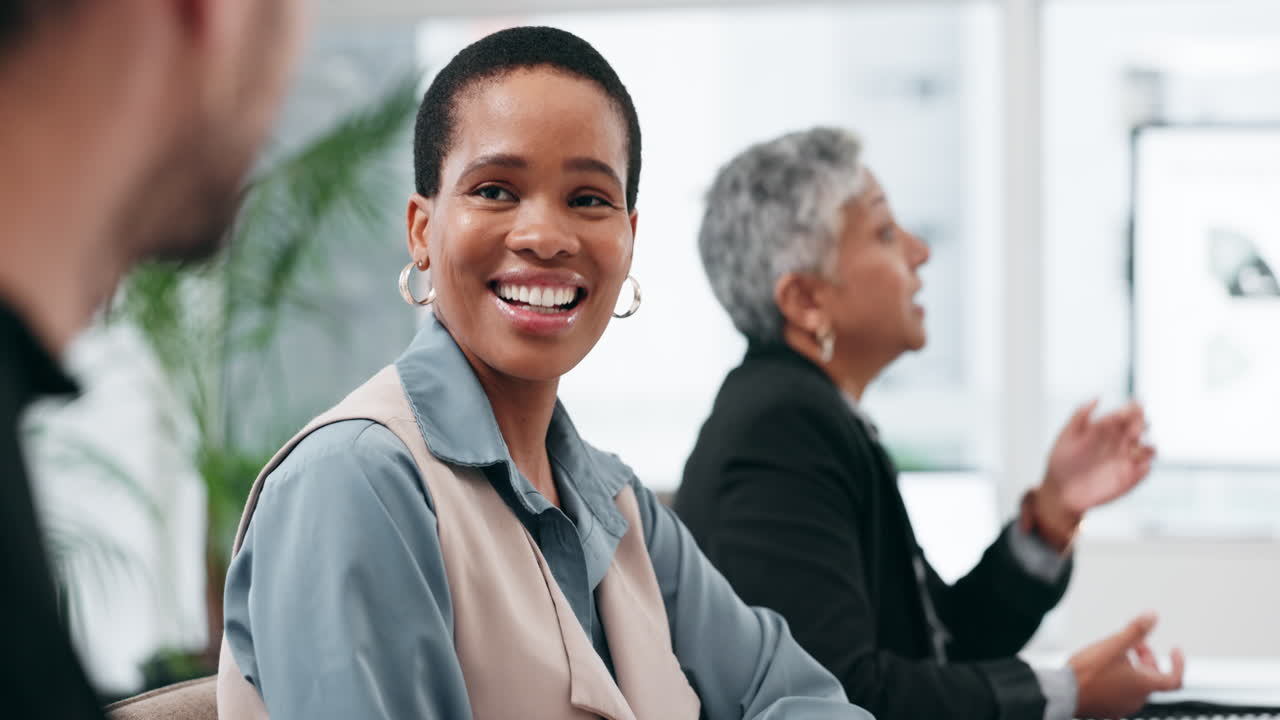 Business, black woman and talking to team