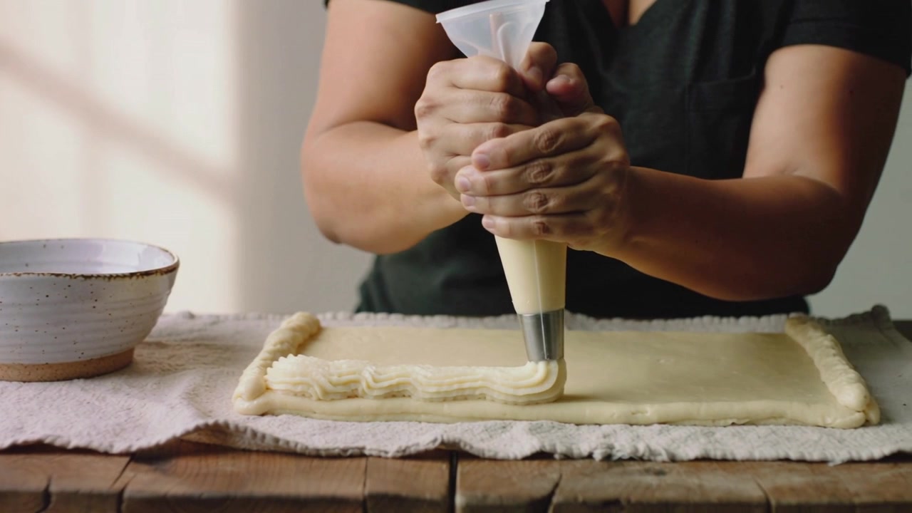 Squeezing bag, woman in V-neck guiding star tip clockwise on pastry, piping ridged edge, bowl left