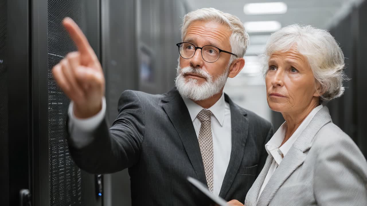 Corporate Professionals Collaborating in a Data Center, Engaging in Discussion While Analyzing Server Infrastructure and Digital Systems for Business Solutions