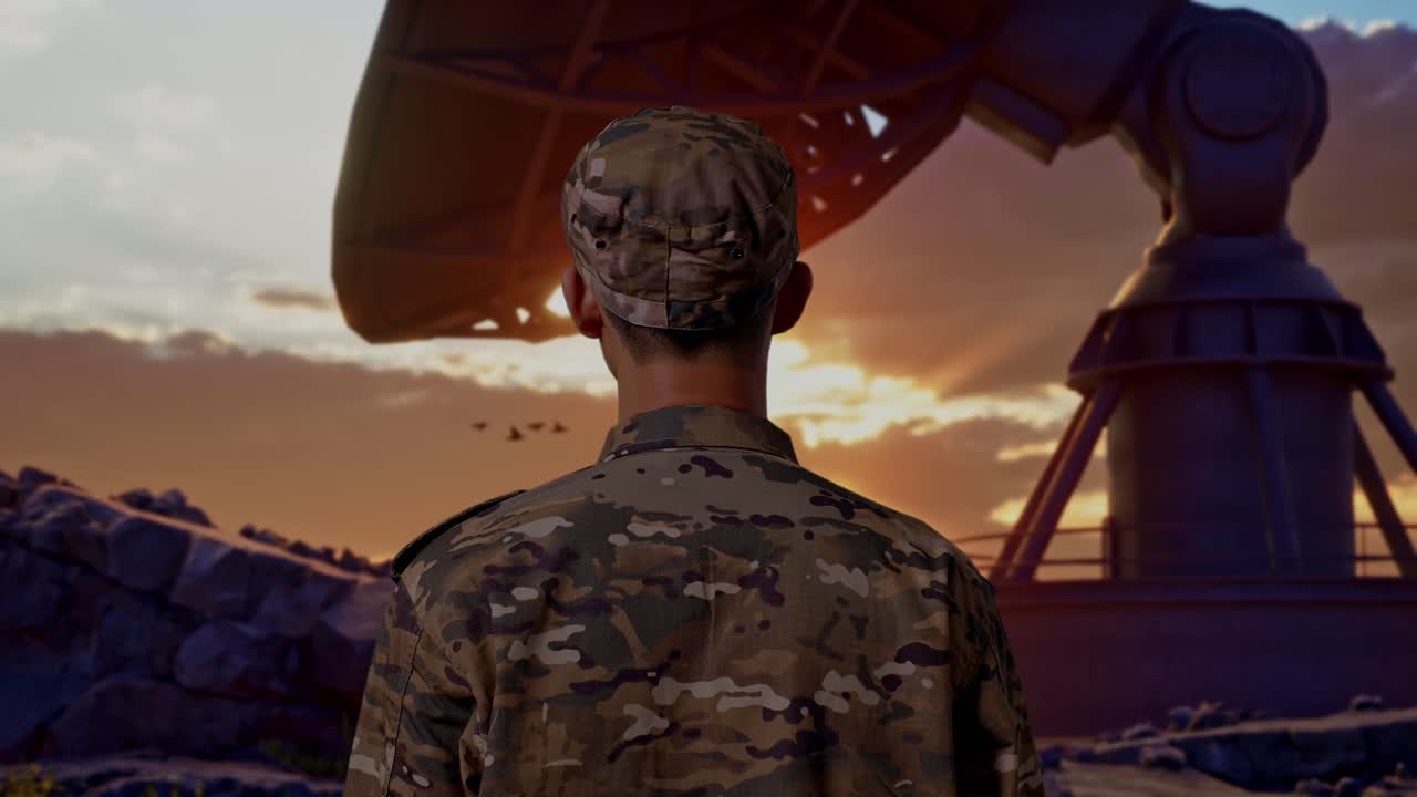 Close Up Of Back View Of Asian Man Soldier Looking Around While Standing With Satellite Dish
