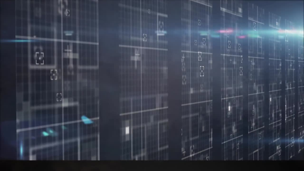 Animation of diverse data processing over black digital screen with lights and smoke