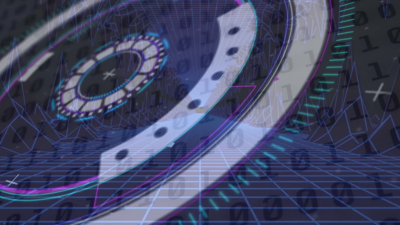 파란색 배경에 바이너리 코딩 데이터 처리에 대한 네온 둥근 스캐너