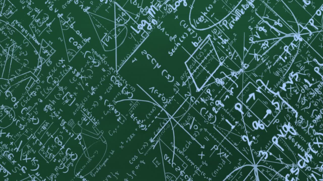Animation of blue mathematical formulae and geometric drawings on green