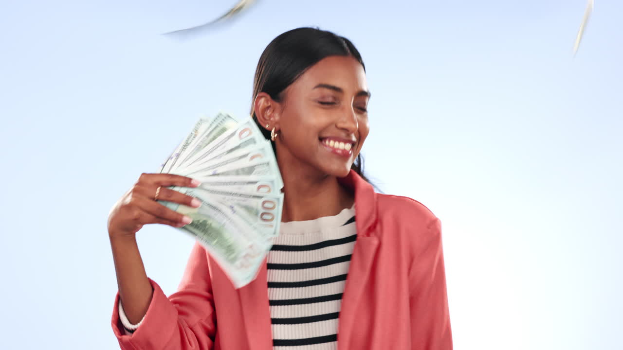 Woman, winner and money rain or fan for bonus