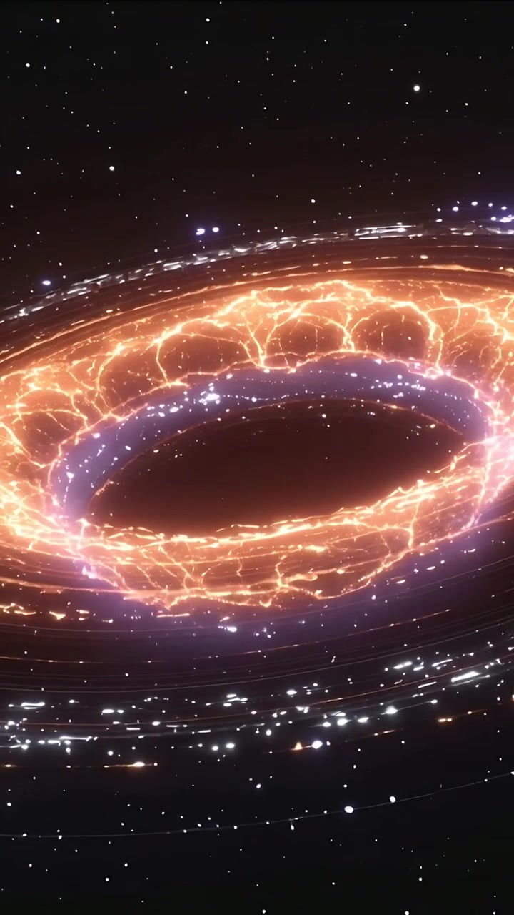 Vertical video: First pulse starting orange purple torus shifting arcs and pulsing nodes in stars