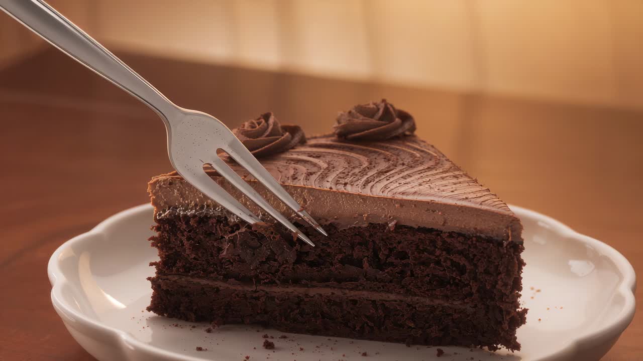 Approaching metal fork piercing chocolate layer cake on wooden table, aiming to take bite