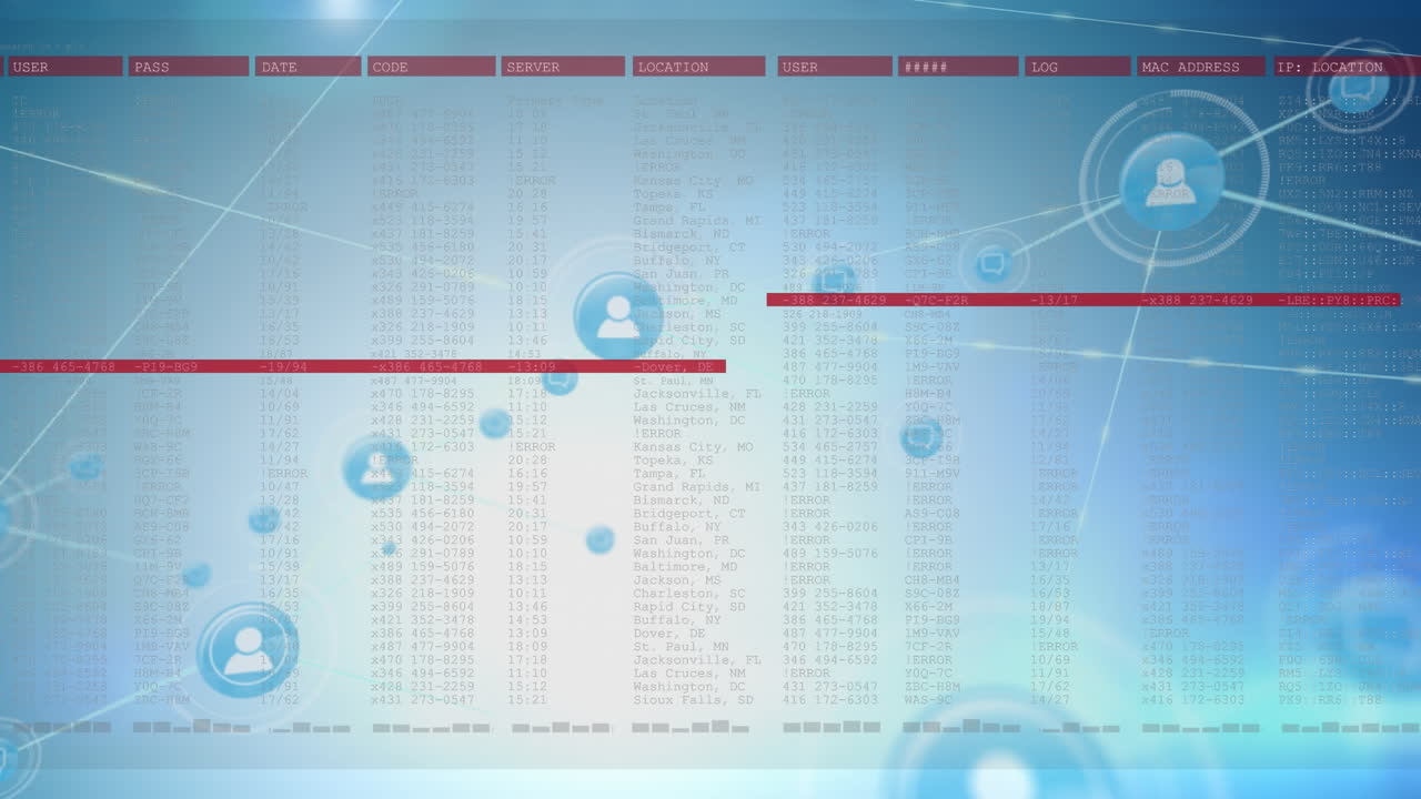 Animation of connected icons with lines over abstract interface against blue background