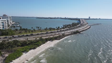 Aerial-view-of-landscape-coastal-scene-in-Sarasota,-Florida