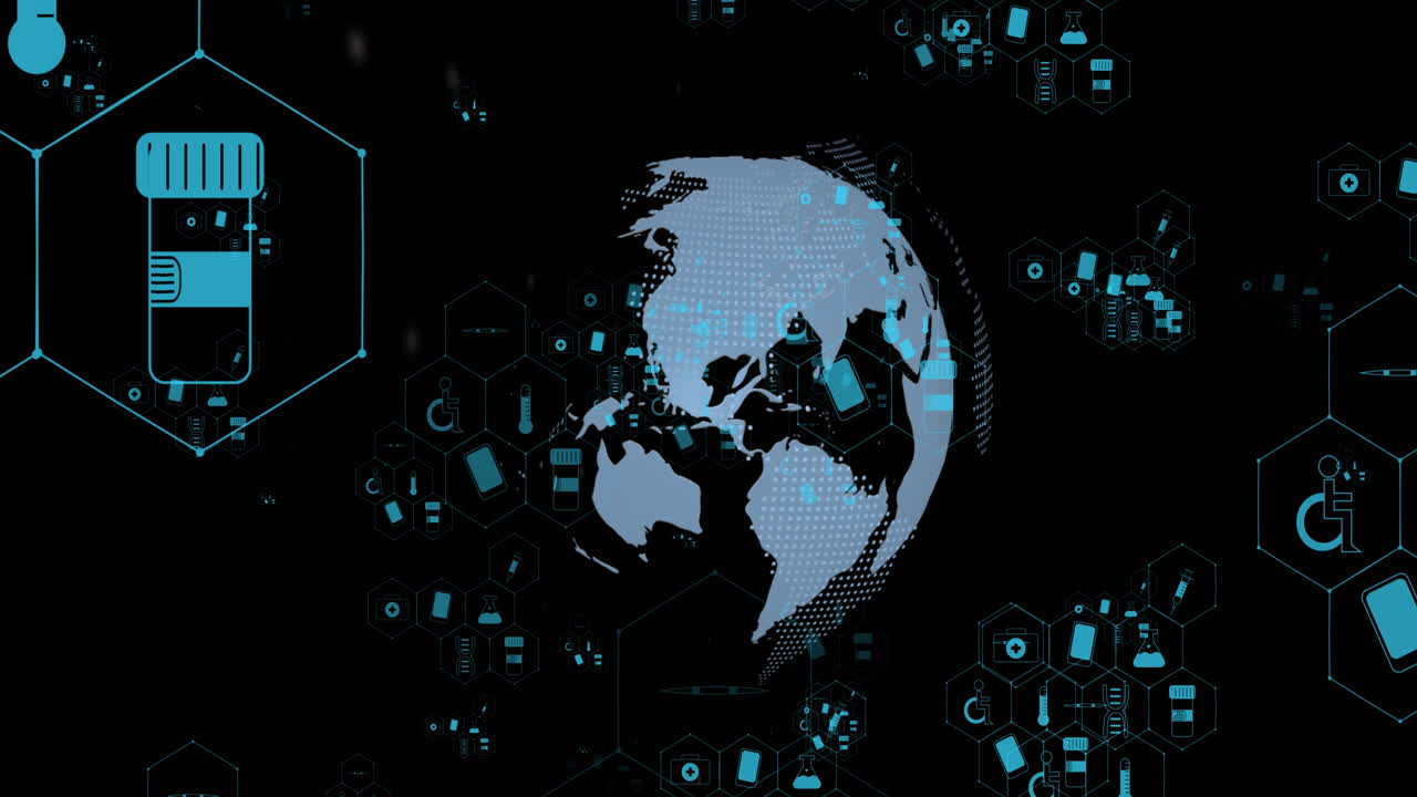 Animation of medical icons and globe on black background