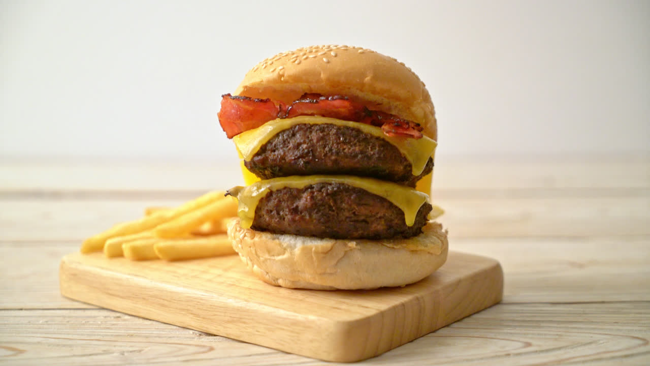 hamburguesas o hamburguesas de ternera con queso, tocino y papas fritas - estilo de comida poco saludable