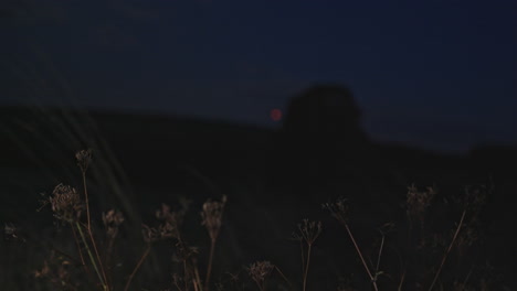 Feld-Bei-Nacht-Mit-Gras,-Beleuchtet-Durch-Die-Scheinwerfer-Vorbeifahrender-Autos-Und-Blinkenden-Roten-Lichtern-Im-Hintergrund