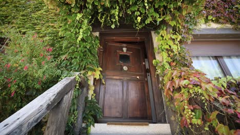 wooden house door entry with plants and autumn colors in residential middle class building