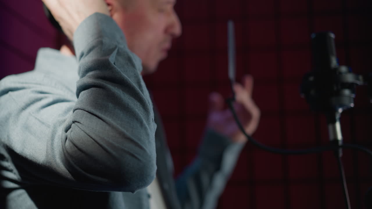 un primer plano de un hombre en un estudio de grabación con una camisa de manga larga azul, ajustando sus auriculares cantando en un micrófono, con un fondo de panel acústico rojo. el enfoque está en los movimientos de sus manos