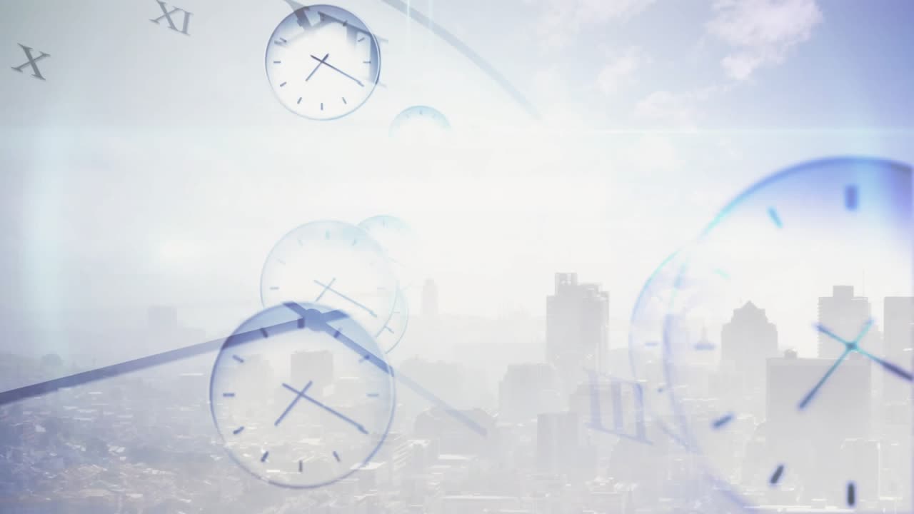 Flare-triggered clock cluster drifting diagonally, rotating and scaling, visualizing passing time