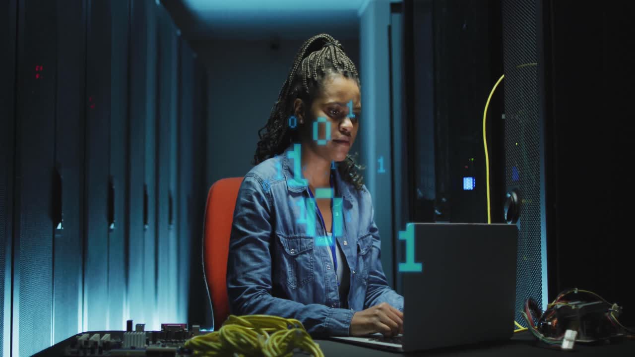 Animation of binary coding over african american female it engineer and computer servers