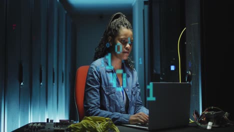 Animation-of-binary-coding-over-african-american-female-it-engineer-and-computer-servers