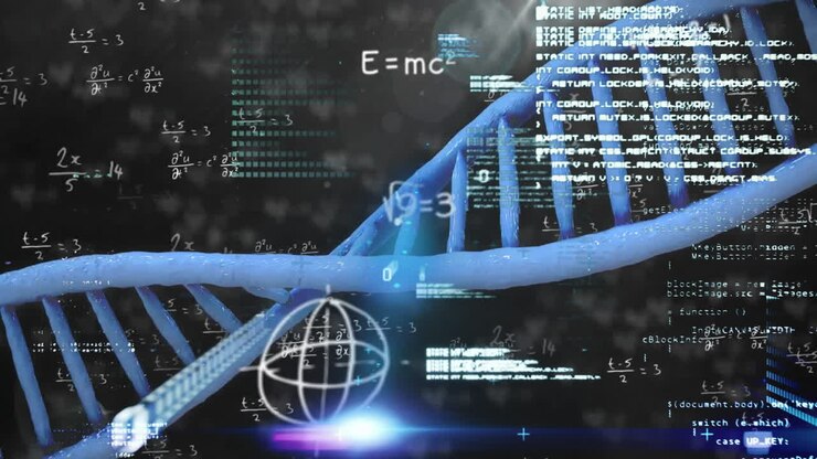 Animation of data processing over dna strand on dark background