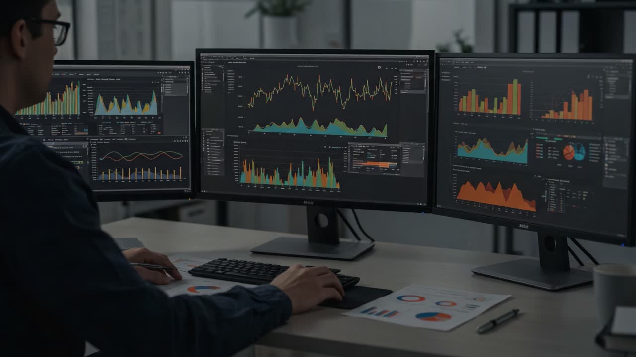 Data Analysis in Action: A Focused Professional Engages with Detailed Visualizations on Multiple Monitors, Showcasing Graphical Insights and Business Intelligence Metrics