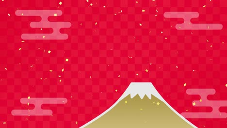 japanese pattern background of mt. fuji, clouds and confetti (seamless loop)