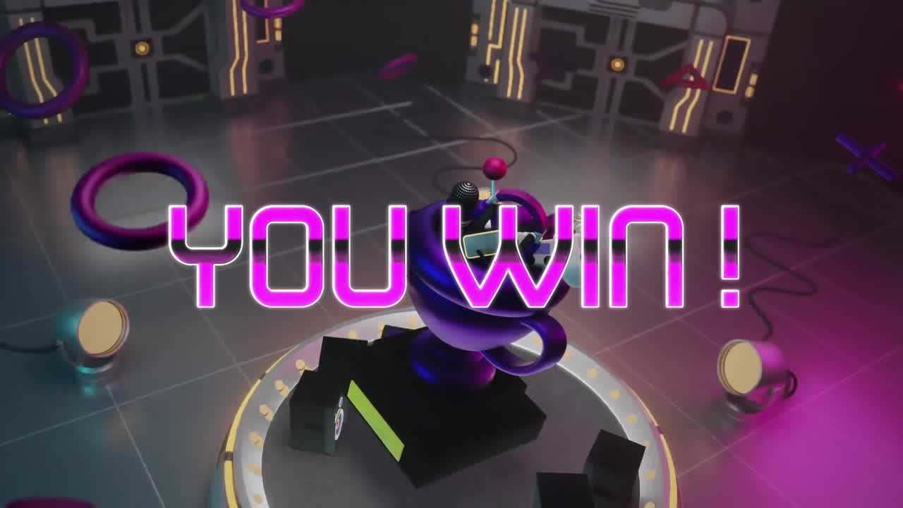 Анимация игровых иконок и надписи «вы выиграли» на фоне кибер-комнаты