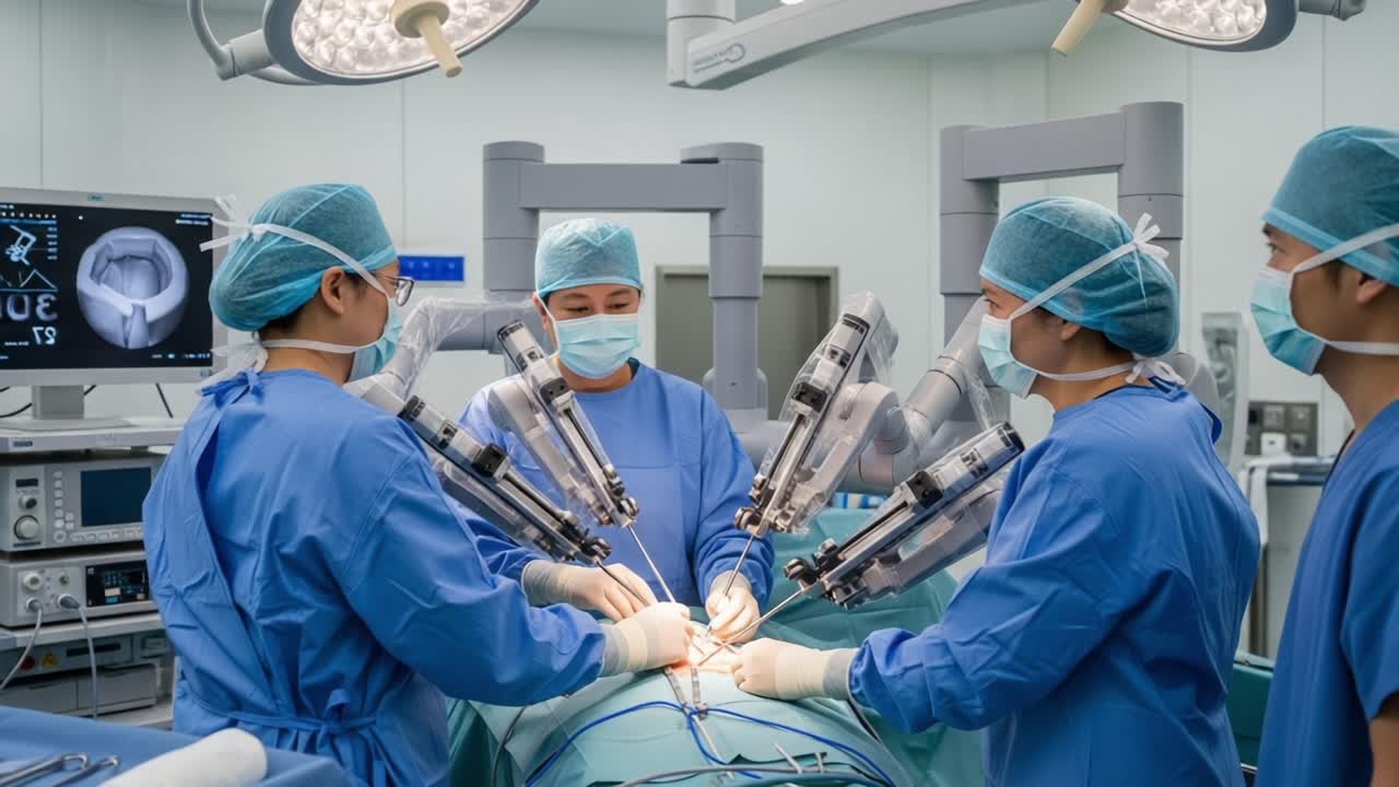 A Precision Surgery Team Engaged in Robotic-Assisted Procedure in a Modern Operating Room with Advanced Medical Technology and Collaborative Efforts