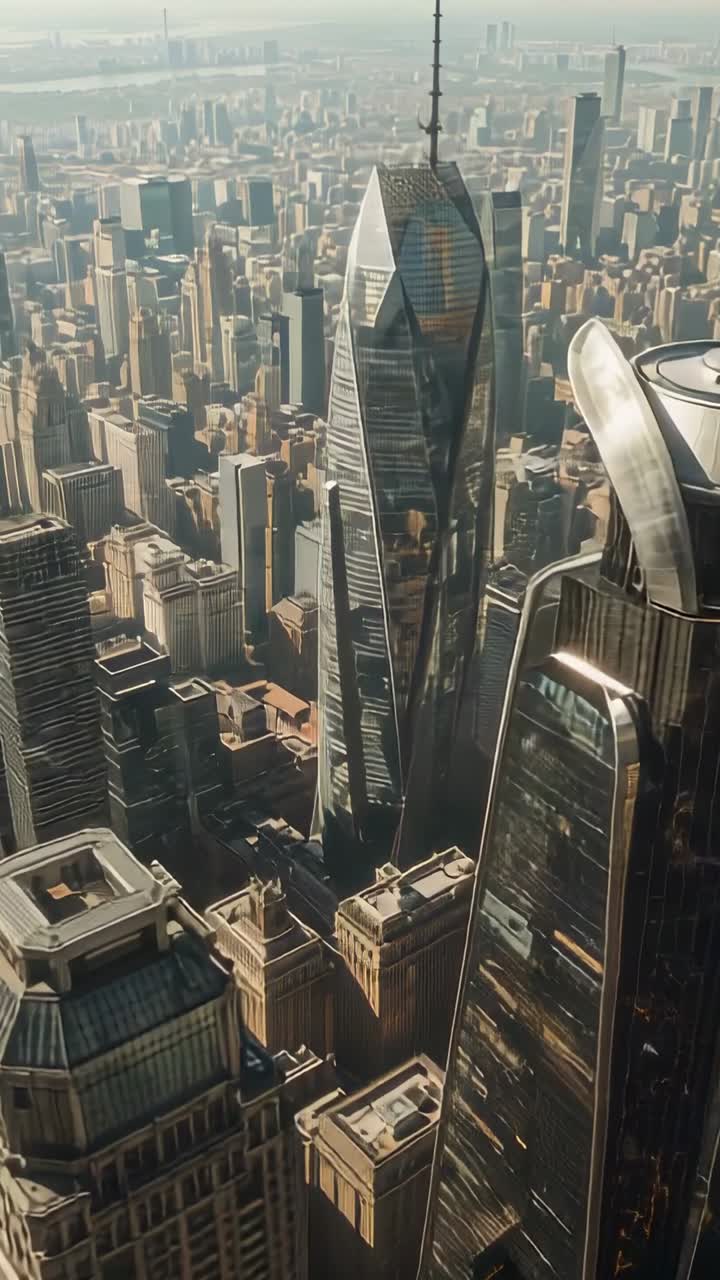 Video verticale: telecamera ad alta quota che effettua una panoramica della città, rivelando la guglia di un grattacielo e la torre adiacente