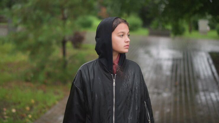 Scena studentesca cupa. Zaino in spalla fradicio di pioggia in solitudine. Scena di parco nebbioso con pozzanghere riflettenti. Figura solitaria in un parco inzuppato di pioggia, circondata da luce soffusa e riflessi delicati.
