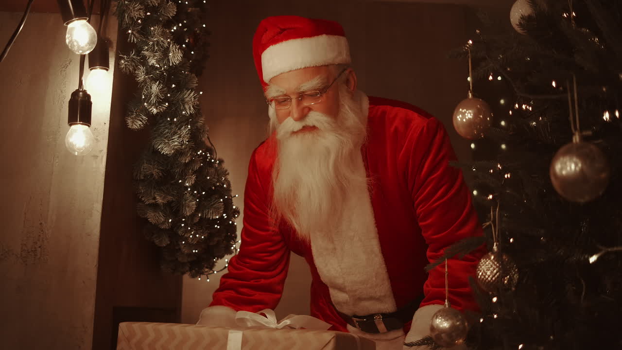 santa claus trae regalos bajo el árbol de navidad para los niños. da regalos a los niños en la noche de navidad. santa pone un regalo debajo del árbol de navidad. imágenes de alta calidad 4k