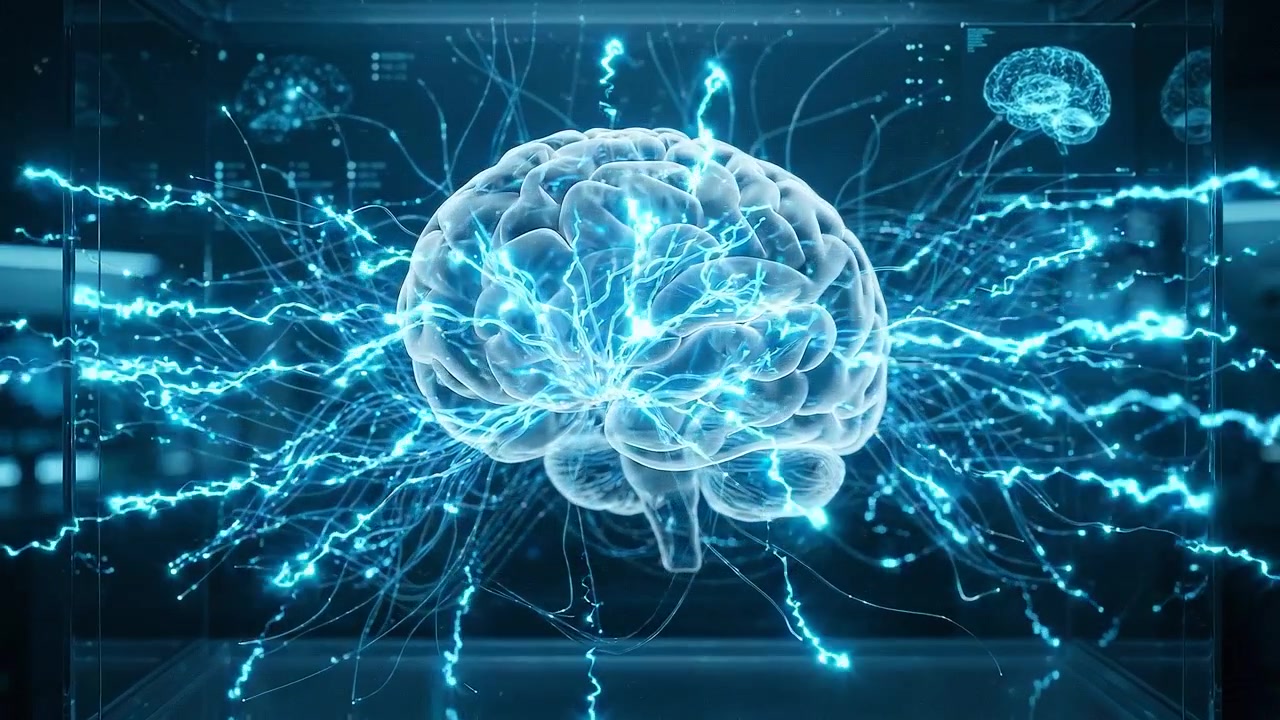Digital human brain with illuminated neural connections on dark background