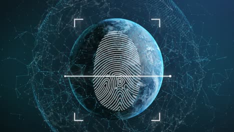 Animation-of-scanning-fingerprint-in-viewfinder-over-connected-dots-around-globe