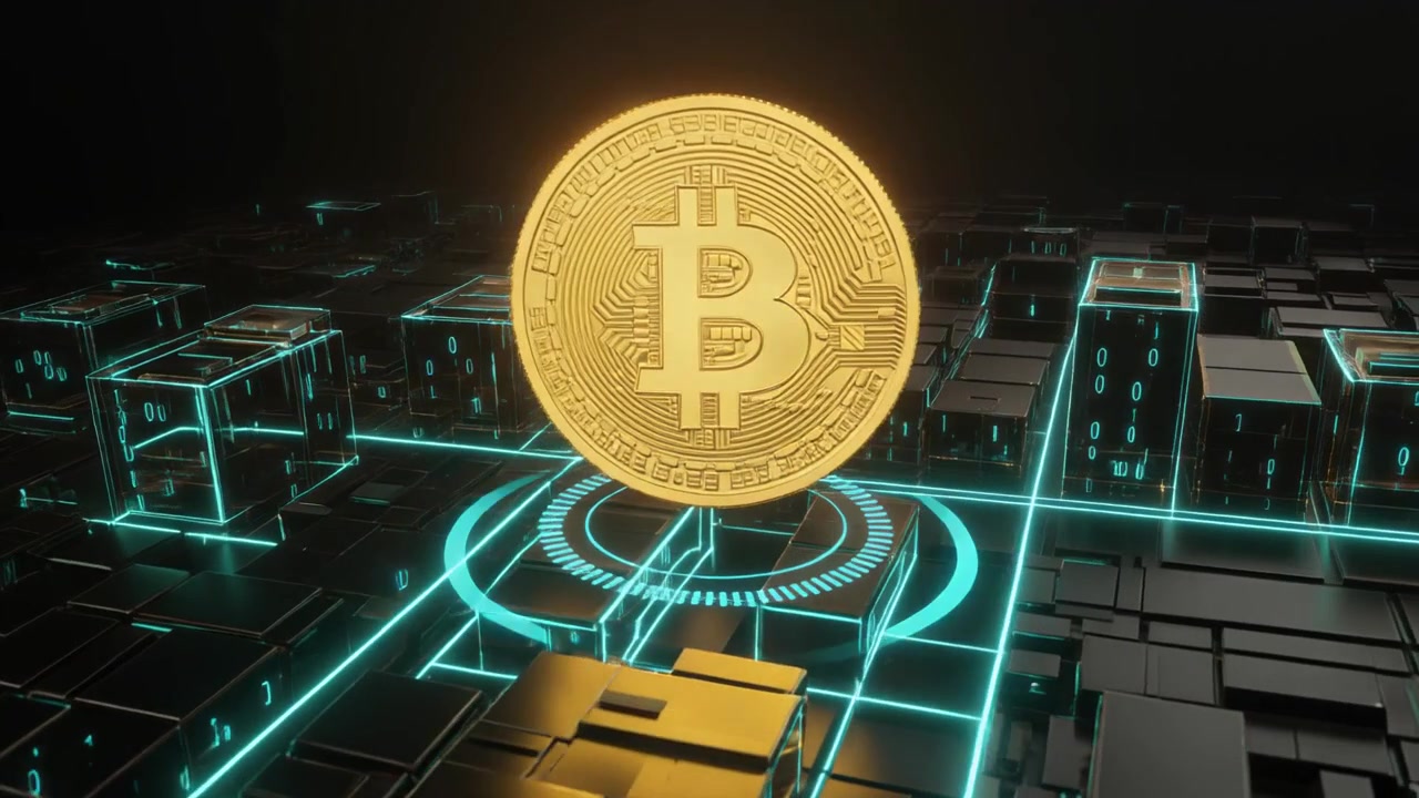 Moneta Bitcoin dorata che fluttua sopra una rete di dati digitali