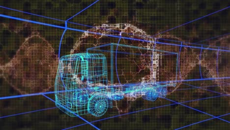 Animation-of-dna-strand-and-human-brain-over-3d-drawing-model-of-lorry-and-grid