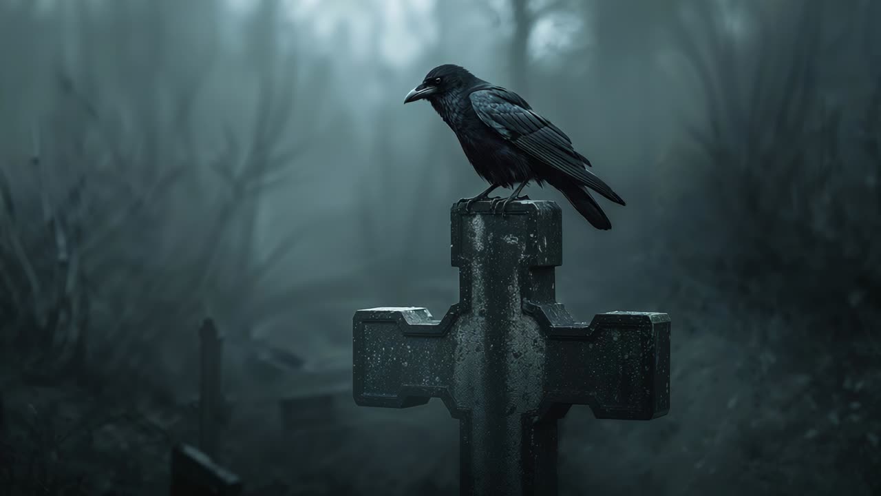 Fog lifting, revealing black crow scanning cross-shaped gravestone at cemetery, with gnarled trees